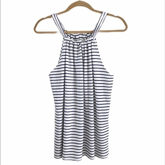 Max Studio navy and white striped sleeveless top. - Picture 1 of 7